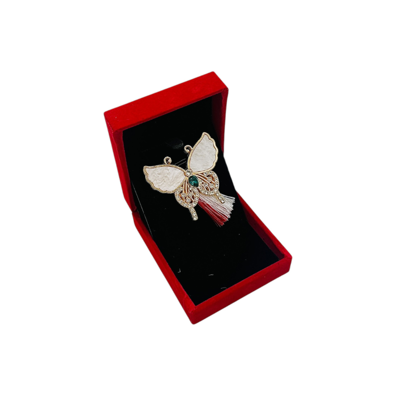 Brosa Fluture Elegant cu Aripi Perlate si Strasuri, Ciucure Traditional pentru Martisor, in Cutie Catifelata Premium [3]
