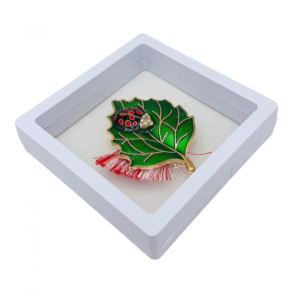 Brosa Martisor, Frunza cu buburuza in cutie cu expunere 3D (alb/negru), 8.5×8.5×2cm [1]