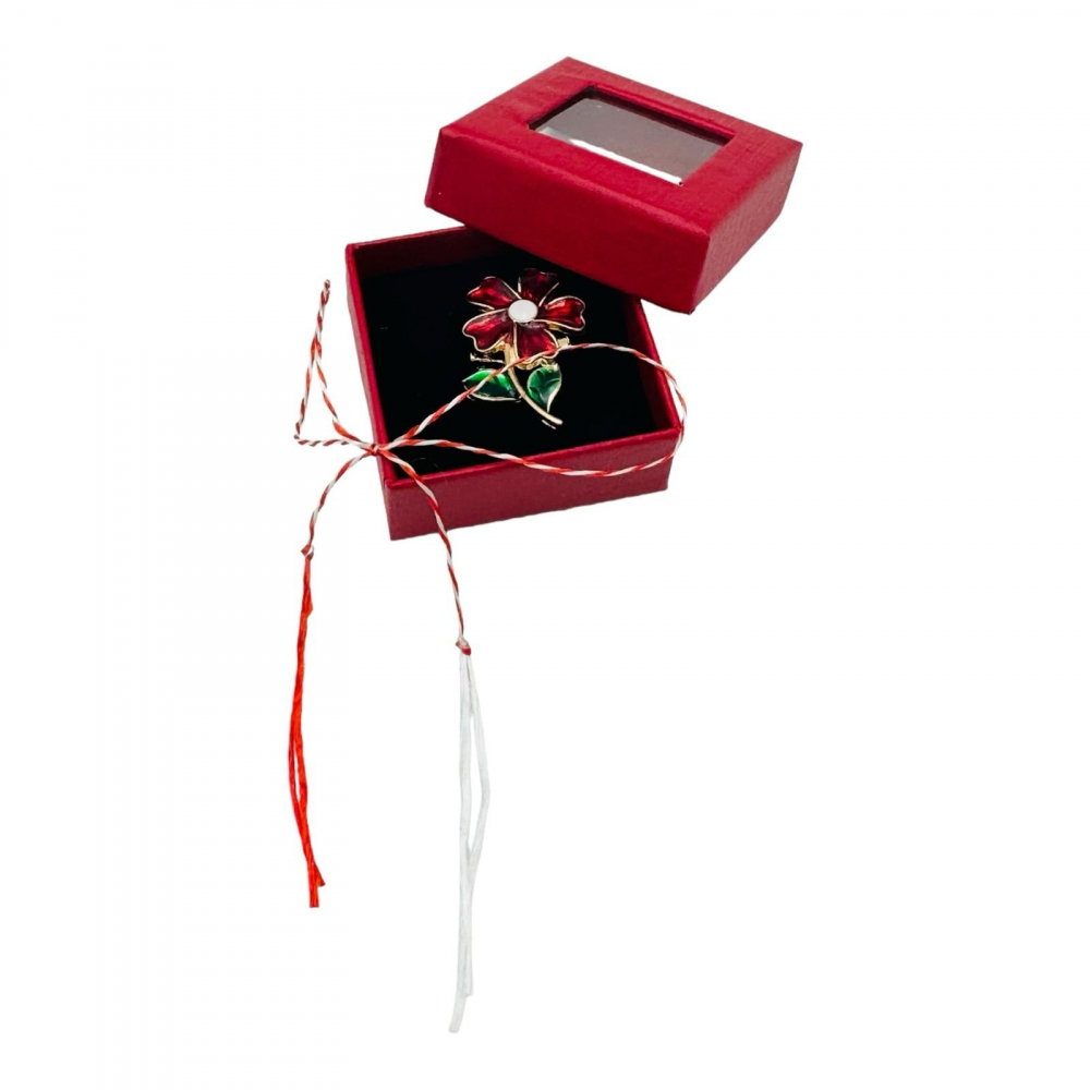 Brosa Martisor in cutiuta cu fereastra, 5×5cm, Floare Rosie, model 2025 [1]