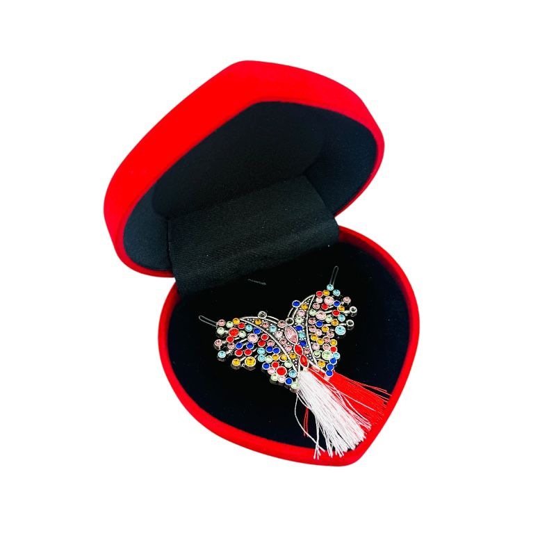 Brosa fluturas de lux, sidefata cu pietre si ciucure pentru martisor, in cutie din catifea premium in forma de inima [1]