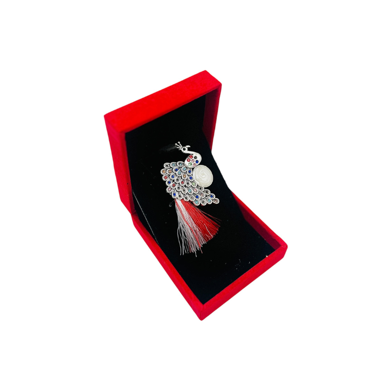 Brosa Paun Elegant cu Strasuri Multicolore si Ciucure Traditional pentru Martisor, in Cutie Catifelata Premium [2]