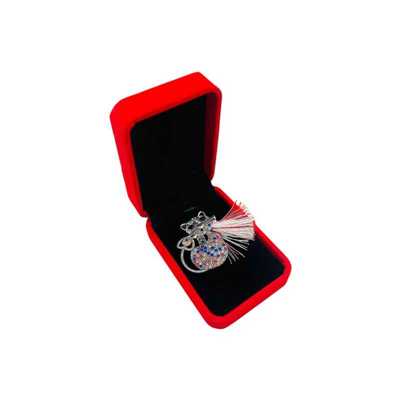 Brosa Pisicuta argintie de Lux cu pietre multicolore si Ciucure pentru Martisor, in Cutie din Catifea Premium [1]