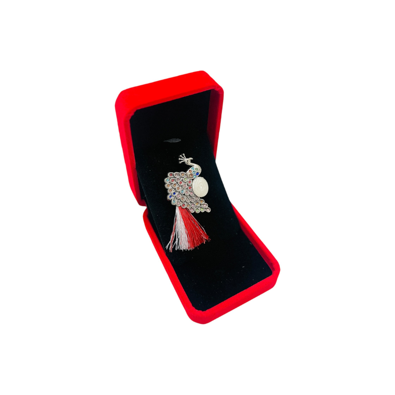 Brosa Premium Paun cu Strasuri, Perla si Ciucure in Cutie de Prezentare Luxoasa [2]