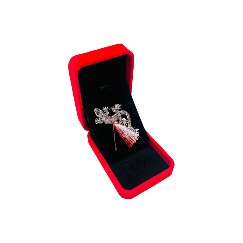Brosa Soparla argintie de Lux cu pietre multicolore si Ciucure pentru Martisor, in Cutie din Catifea Premium [1]