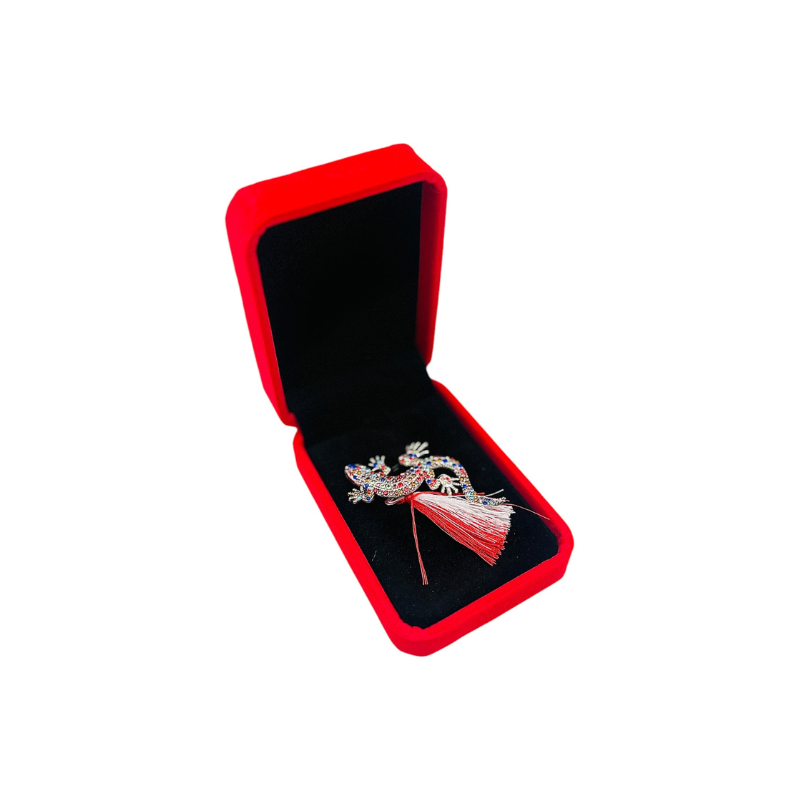 Brosa Soparla argintie de Lux cu pietre multicolore si Ciucure pentru Martisor, in Cutie din Catifea Premium [2]