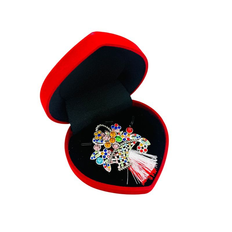 Brosa cos cu flori de lux, sidefata cu pietre si ciucure pentru martisor, in cutie din catifea premium in forma de inima [1]