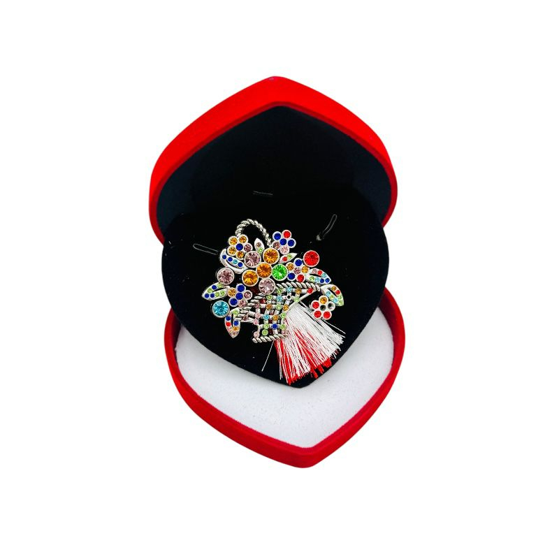 Brosa cos cu flori de lux, sidefata cu pietre si ciucure pentru martisor, in cutie din catifea premium in forma de inima [2]