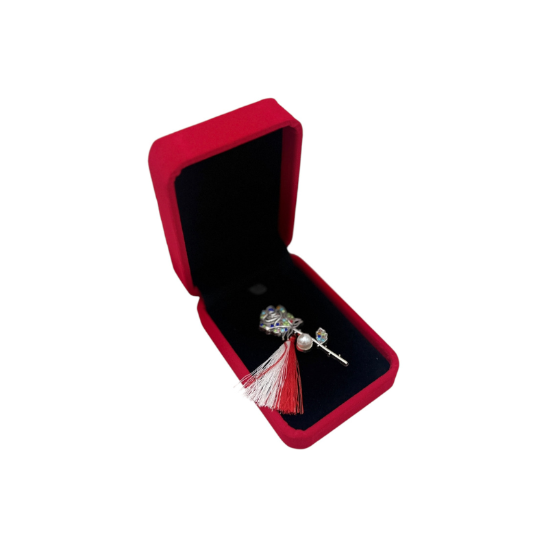 Brosa Trandafir argintiu de Lux cu pietre multicolore, perla si Ciucure pentru Martisor, in Cutie din Catifea Premium [1]