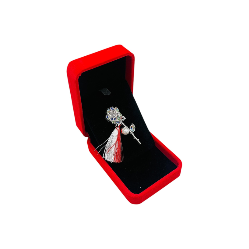 Brosa Trandafir argintiu de Lux cu pietre multicolore, perla si Ciucure pentru Martisor, in Cutie din Catifea Premium [2]
