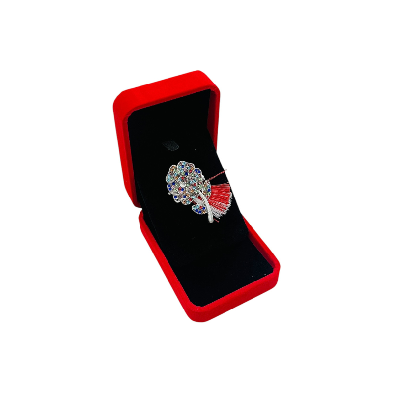 Brosa Trandafir argintiu de Lux cu pietre multicolore si Ciucure pentru Martisor, in Cutie din Catifea Premium [3]
