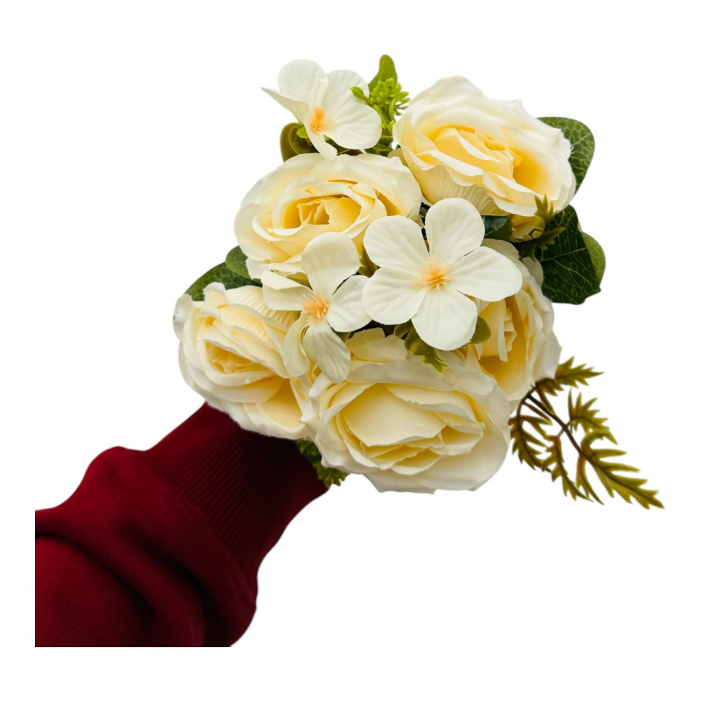 Buchet artificial deosebit cu 5 bujori si 3 flori de eucalipt cu frunze si boboci, crem, 29cm, calitate superioara [2]