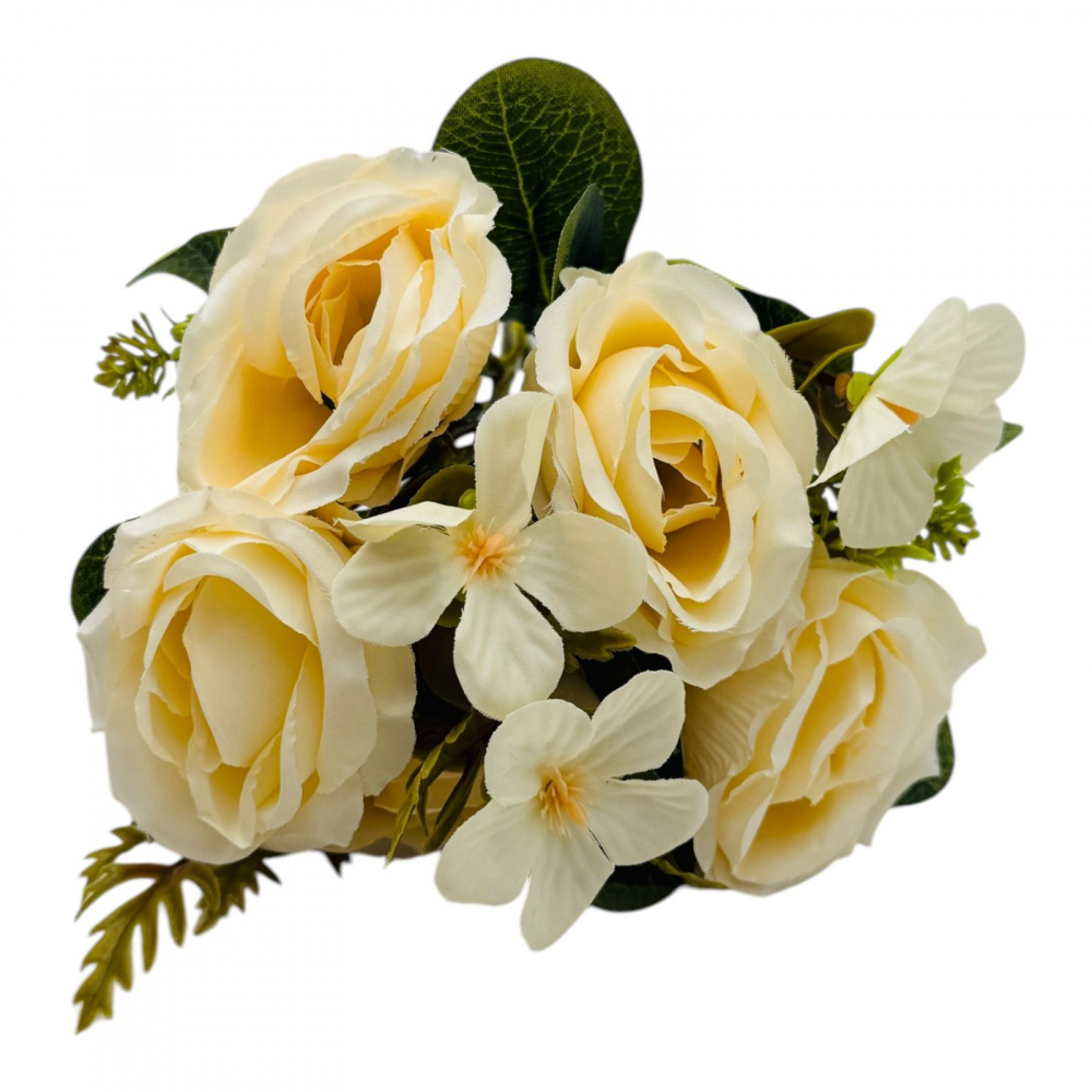 Buchet artificial deosebit cu 5 bujori si 3 flori de eucalipt cu frunze si boboci, crem, 29cm, calitate superioara [1]