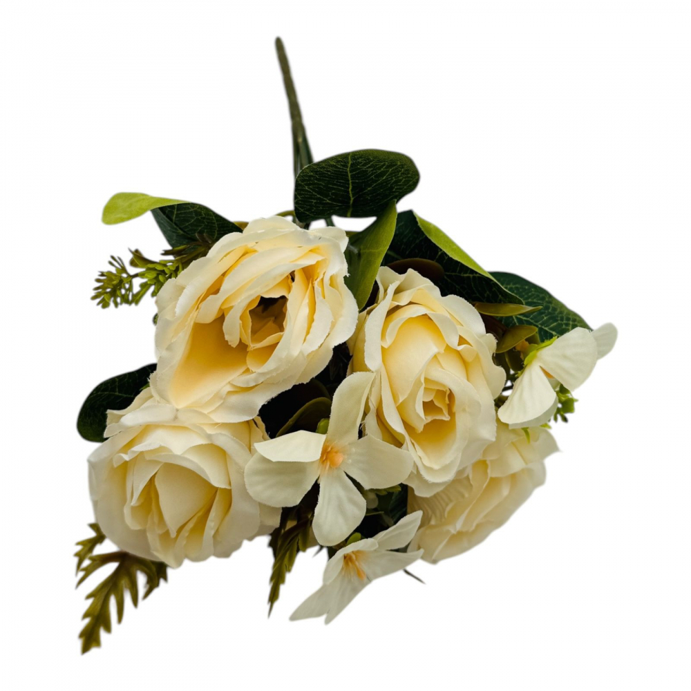 Buchet artificial deosebit cu 5 bujori si 3 flori de eucalipt cu frunze si boboci, crem, 29cm, calitate superioara [3]