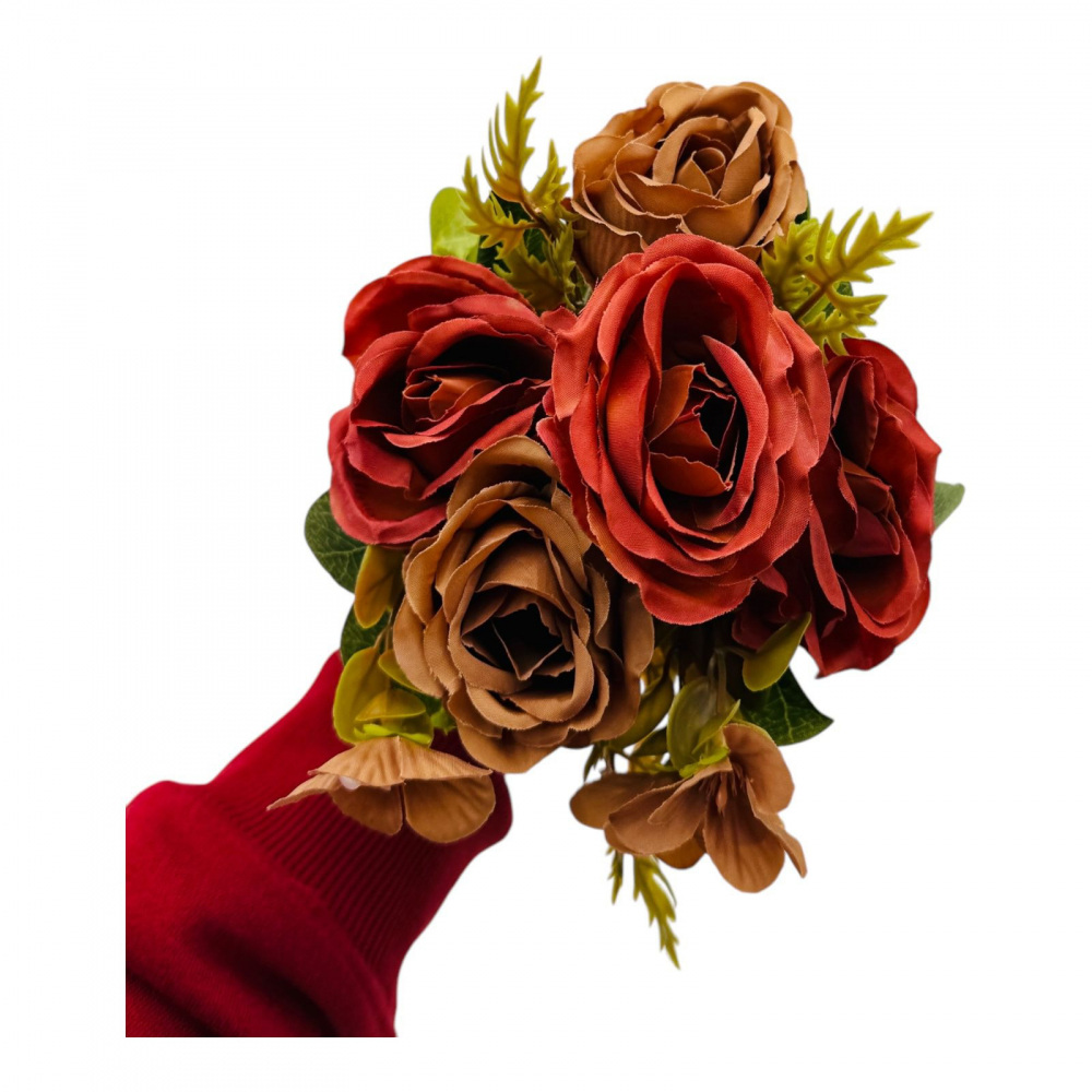 Buchet artificial deosebit cu 5 bujori si 3 flori de eucalipt cu frunze si boboci, grena+maro,29cm, calitate superioara [2]