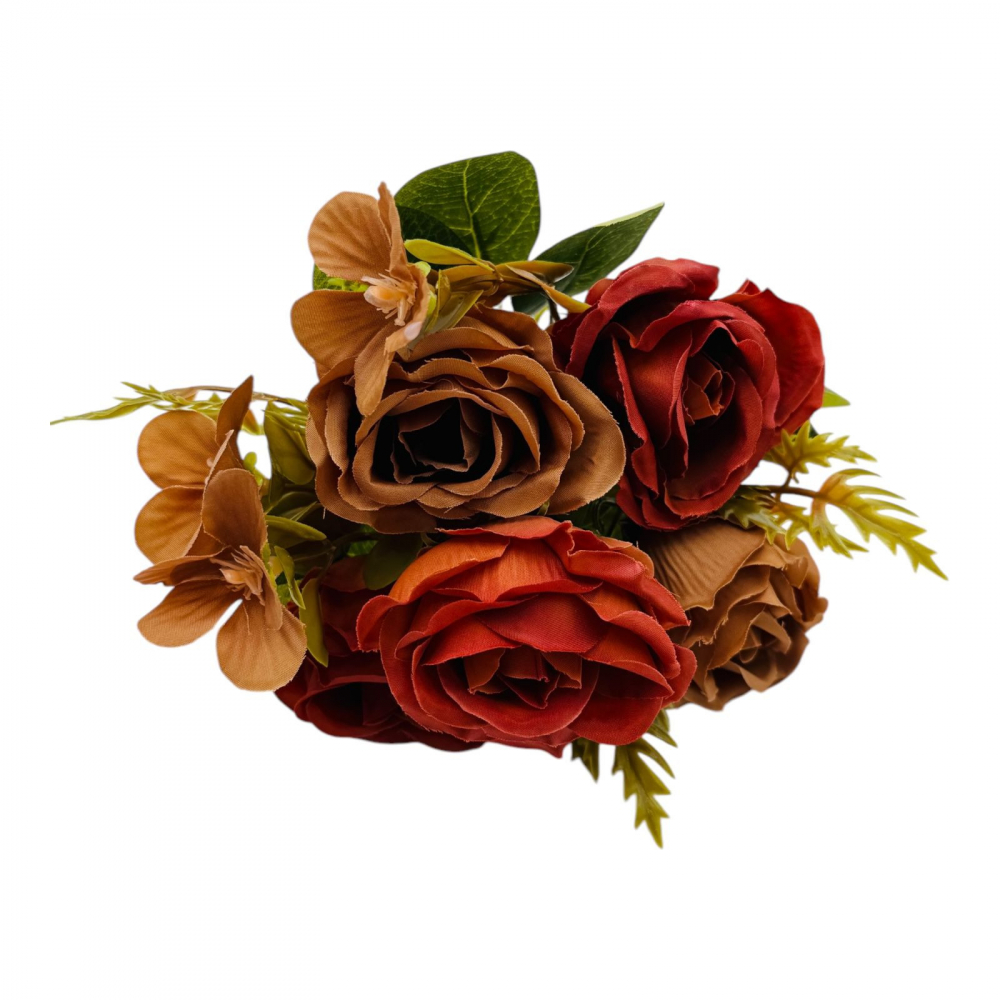 Buchet artificial deosebit cu 5 bujori si 3 flori de eucalipt cu frunze si boboci, grena+maro,29cm, calitate superioara [3]