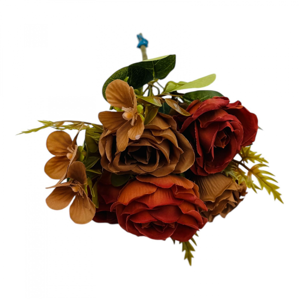 Buchet artificial deosebit cu 5 bujori si 3 flori de eucalipt cu frunze si boboci, grena+maro,29cm, calitate superioara [1]