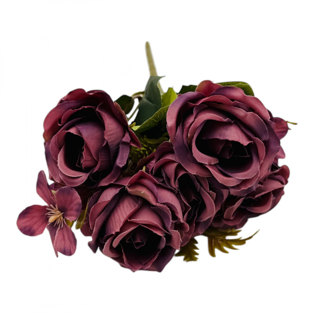 Buchet artificial deosebit cu 5 bujori si 3 flori de eucalipt cu frunze si boboci, mov, 29cm, calitate superioara [1]