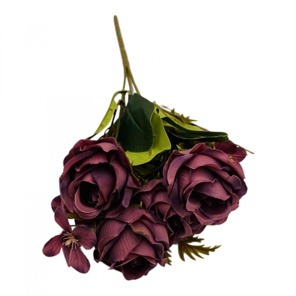 Buchet artificial deosebit cu 5 bujori si 3 flori de eucalipt cu frunze si boboci, mov, 29cm, calitate superioara [3]