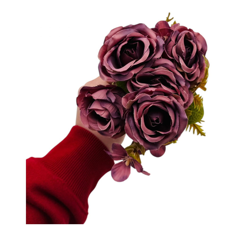 Buchet artificial deosebit cu 5 bujori si 3 flori de eucalipt cu frunze si boboci, mov, 29cm, calitate superioara [2]