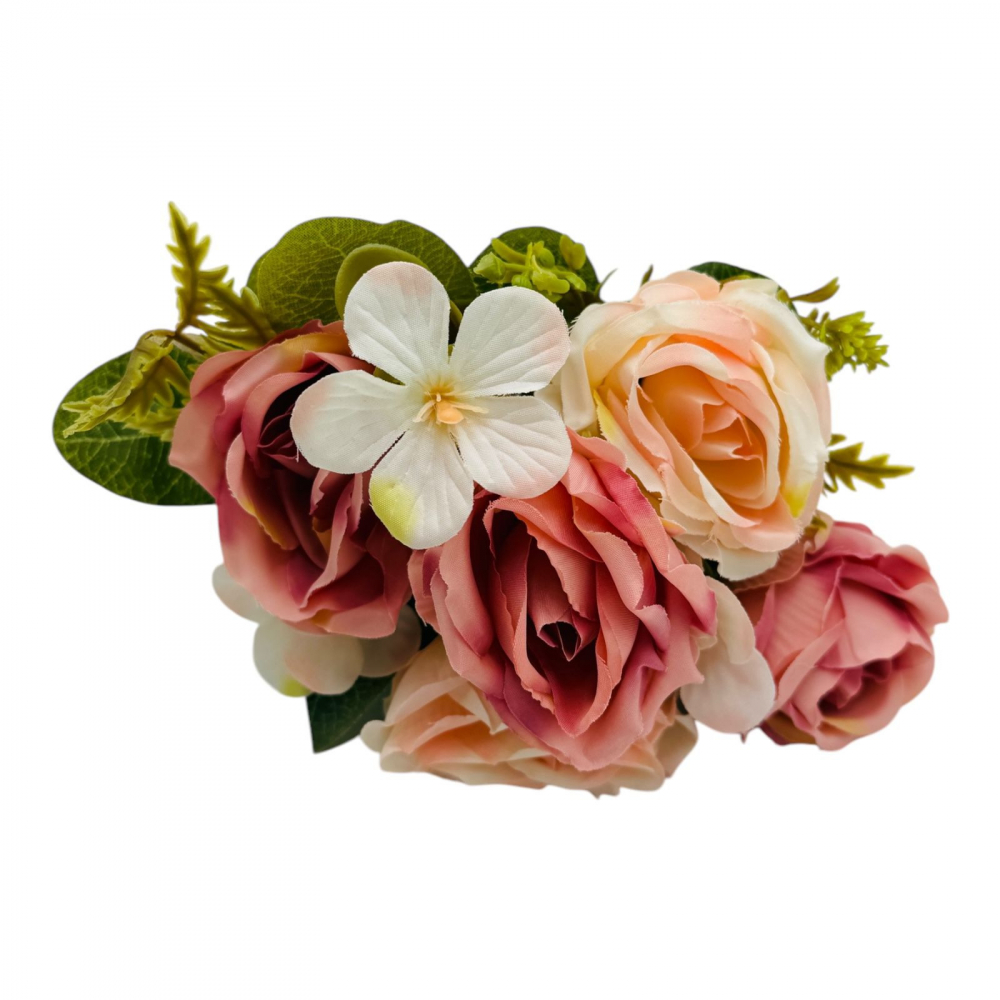 Buchet artificial deosebit cu 5 bujori si 3 flori de eucalipt cu frunze si boboci, roz+ crem, 29cm, calitate superioara [1]