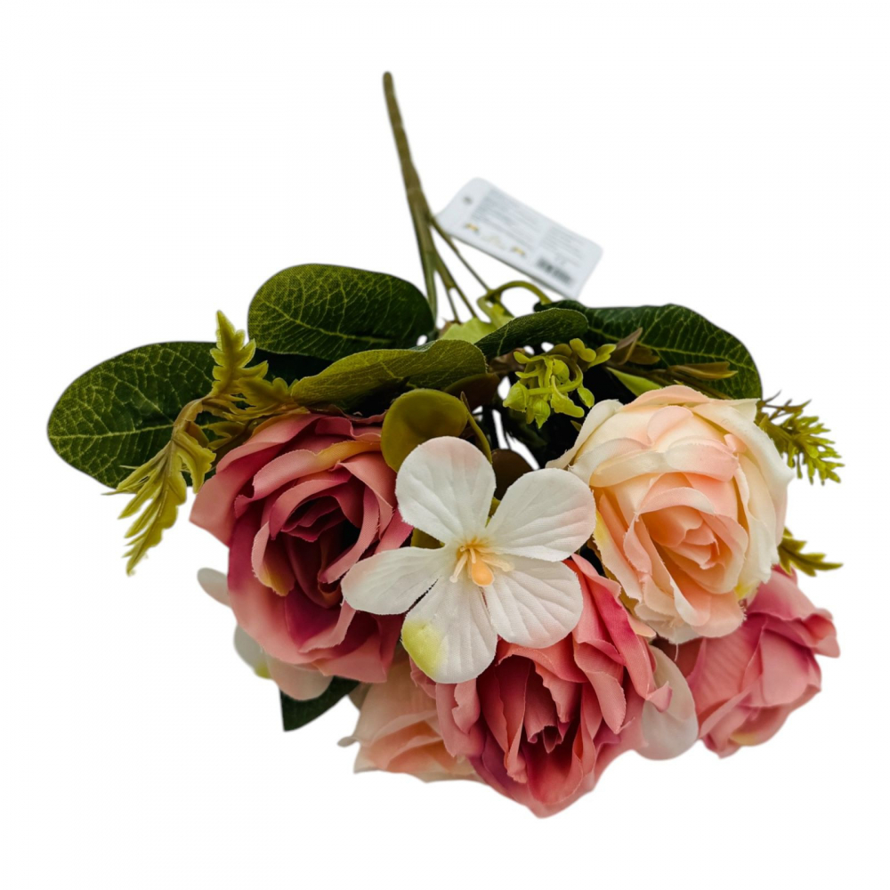 Buchet artificial deosebit cu 5 bujori si 3 flori de eucalipt cu frunze si boboci, roz+ crem, 29cm, calitate superioara [3]