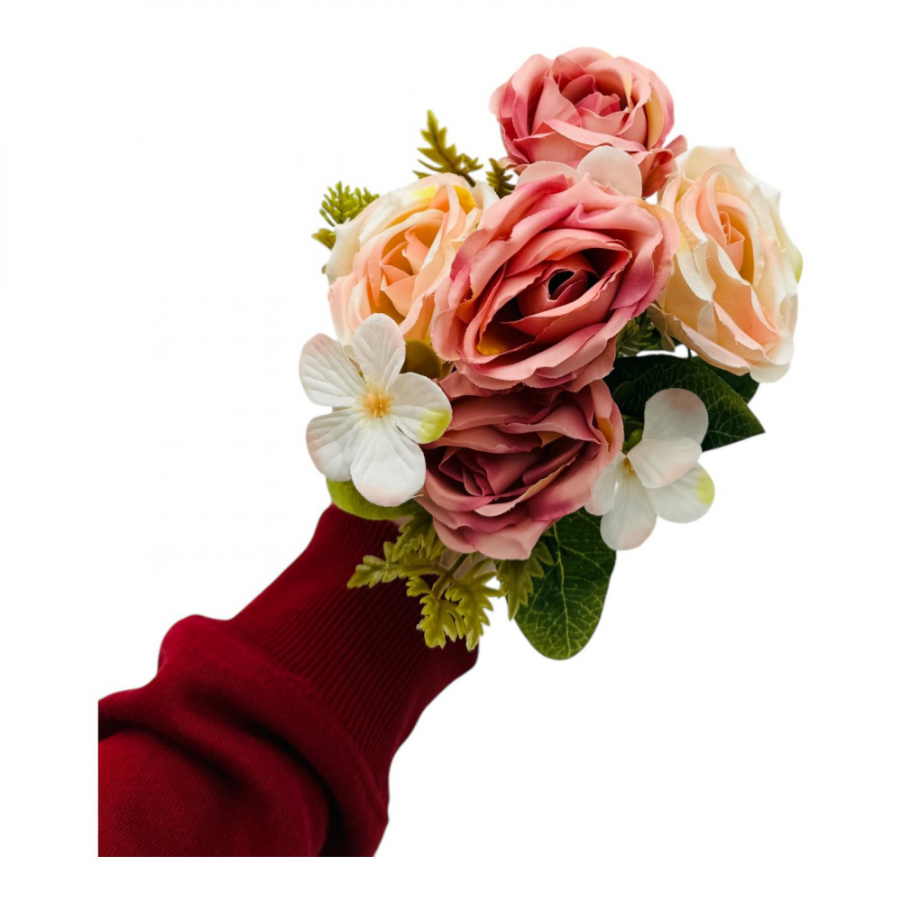 Buchet artificial deosebit cu 5 bujori si 3 flori de eucalipt cu frunze si boboci, roz+ crem, 29cm, calitate superioara [2]