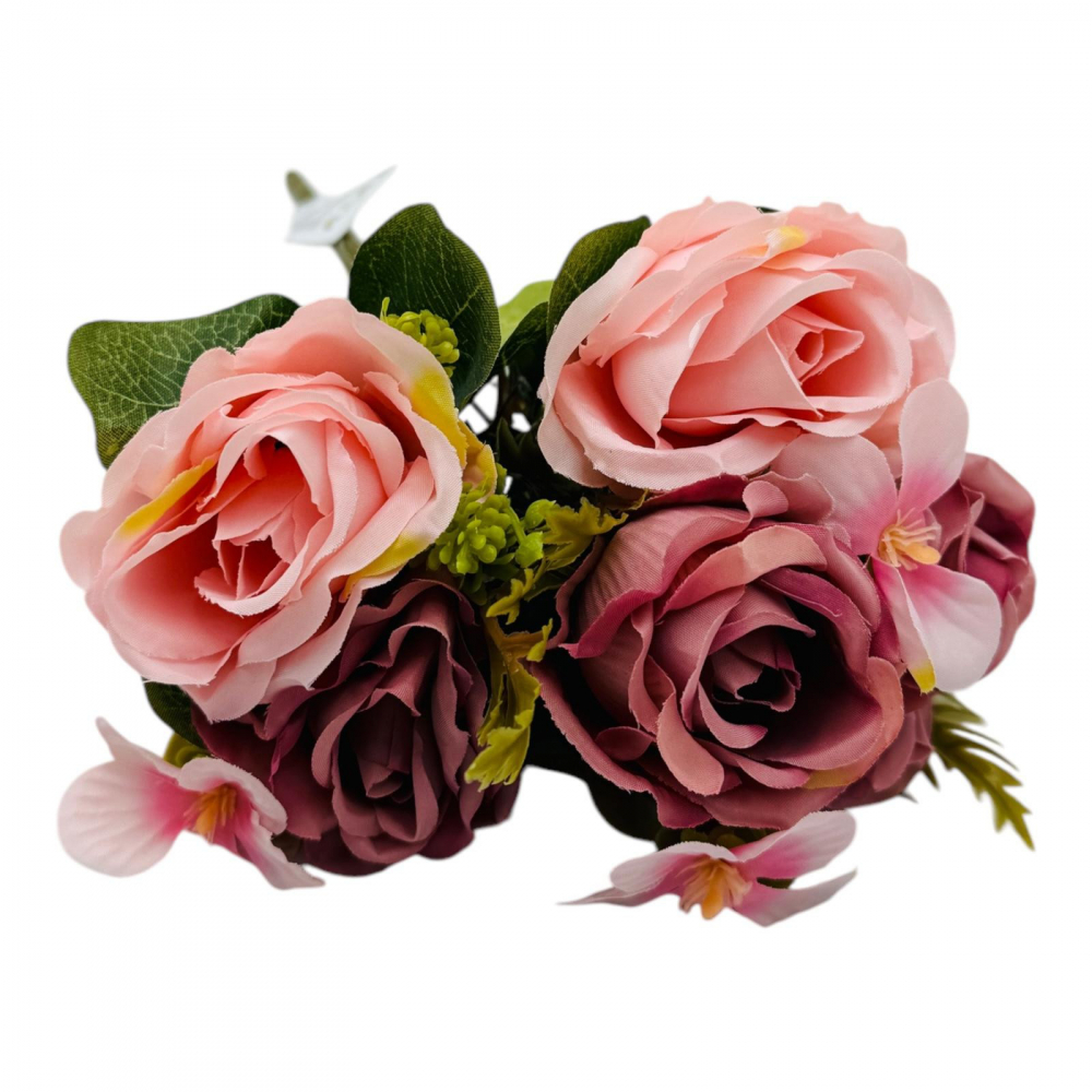 Buchet artificial deosebit cu 5 bujori si 3 flori de eucalipt cu frunze si boboci, roz+ lila, 29cm, calitate superioara [1]
