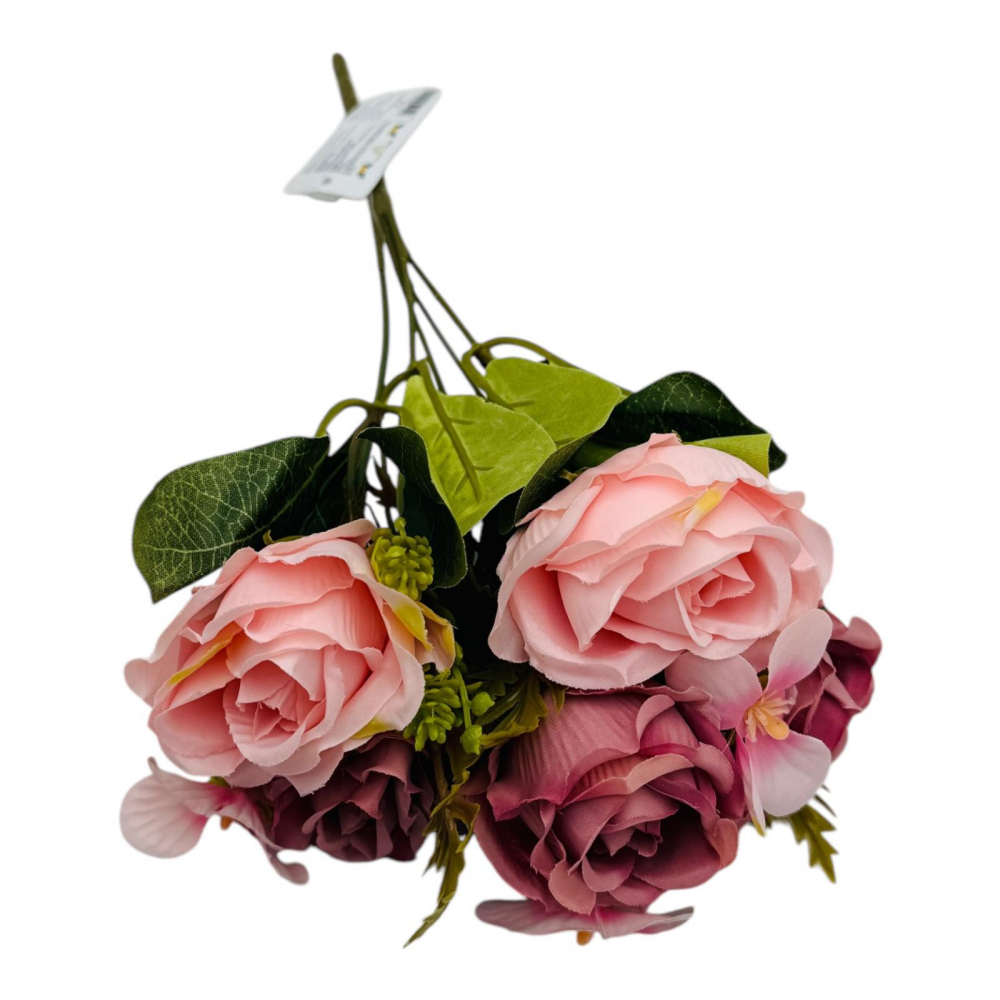 Buchet artificial deosebit cu 5 bujori si 3 flori de eucalipt cu frunze si boboci, roz+ lila, 29cm, calitate superioara [2]