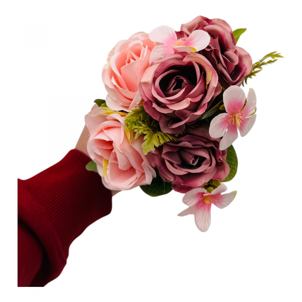 Buchet artificial deosebit cu 5 bujori si 3 flori de eucalipt cu frunze si boboci, roz+ lila, 29cm, calitate superioara [3]