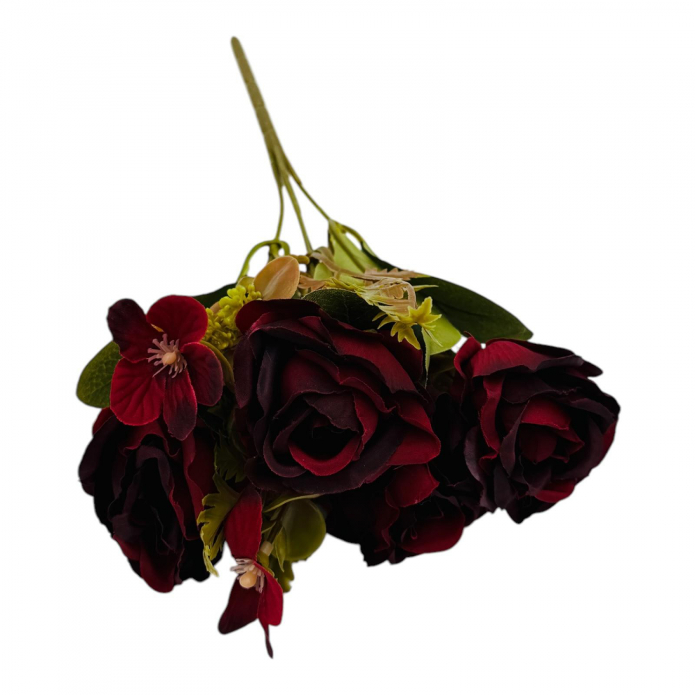 Buchet artificial deosebit cu 5 bujori si 3 flori de eucalipt cu frunze si boboci, visiniu, 29cm, calitate superioara [3]