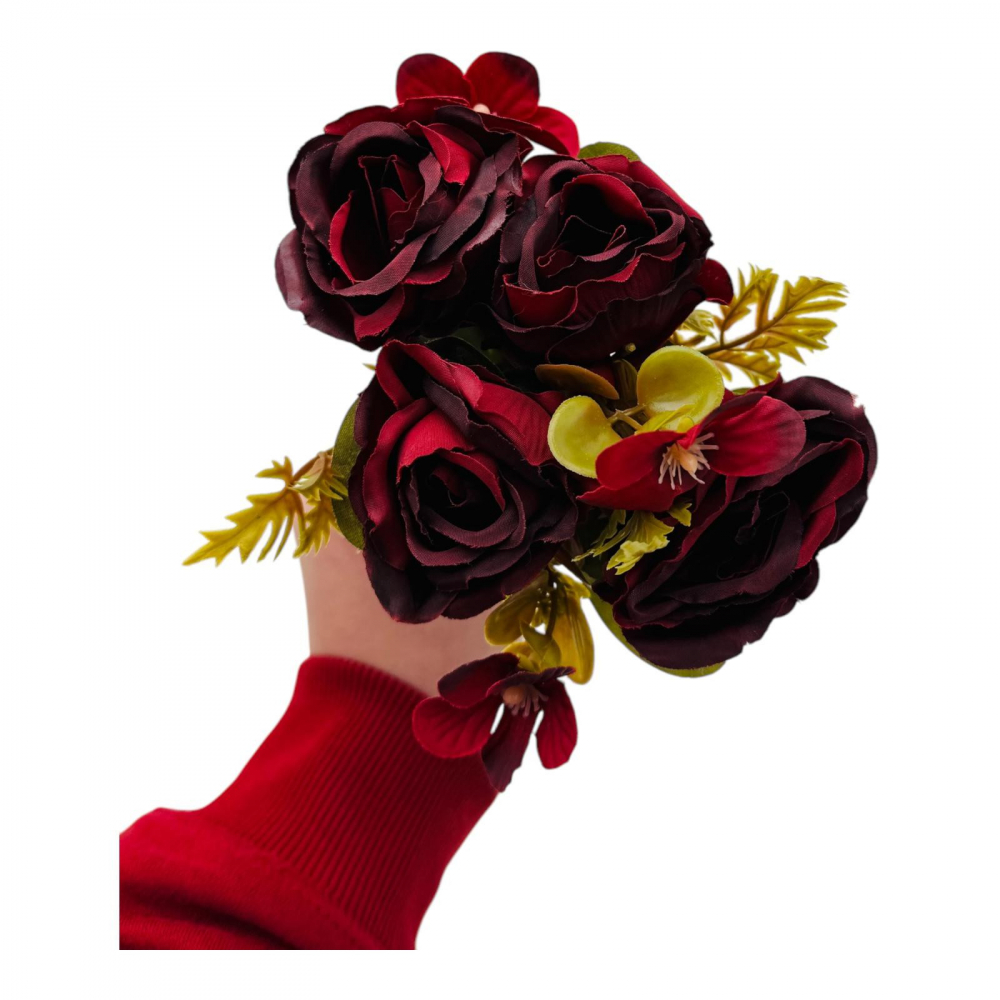 Buchet artificial deosebit cu 5 bujori si 3 flori de eucalipt cu frunze si boboci, visiniu, 29cm, calitate superioara [2]