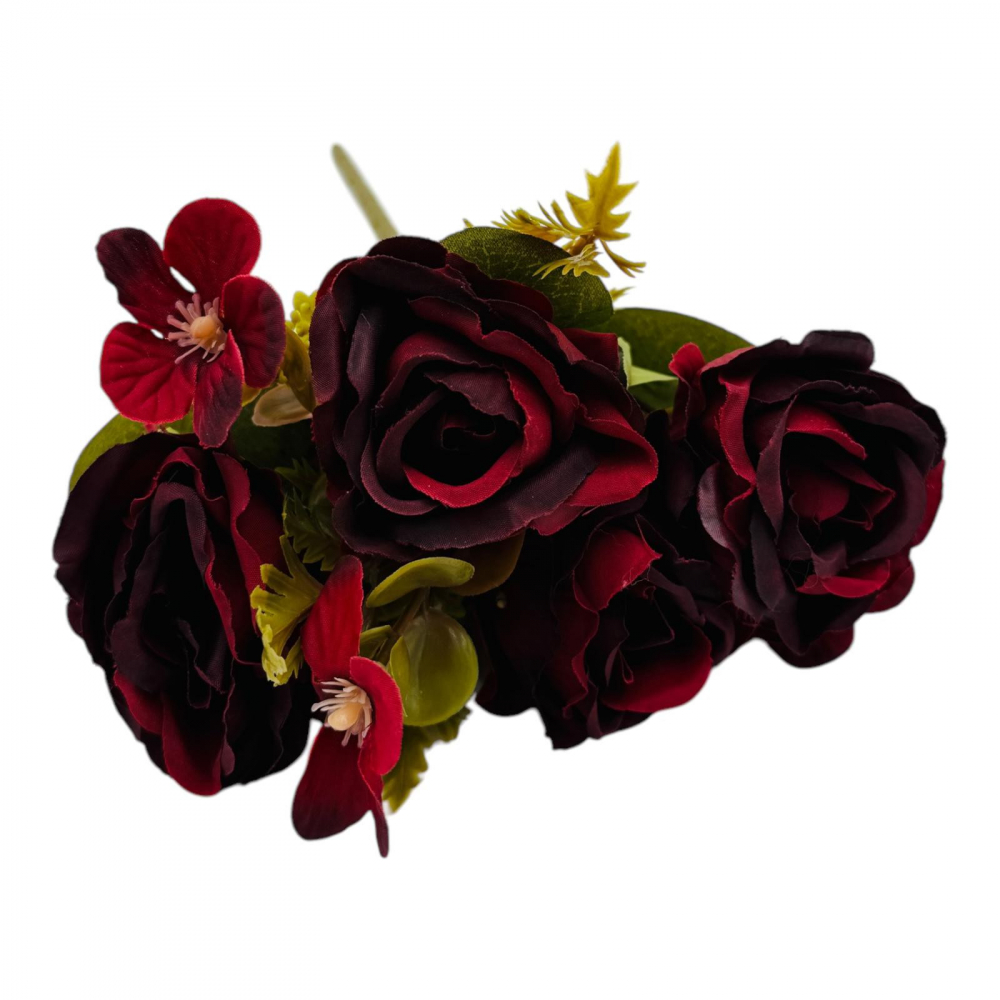 Buchet artificial deosebit cu 5 bujori si 3 flori de eucalipt cu frunze si boboci, visiniu, 29cm, calitate superioara [1]