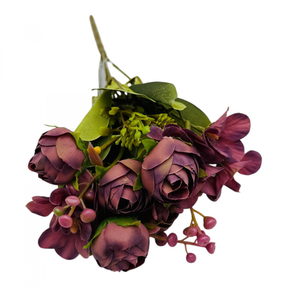 Buchet artificial deosebit cu 6 bujori, 10 flori de camelie si bulbi, un singur fir, 29cm [3]