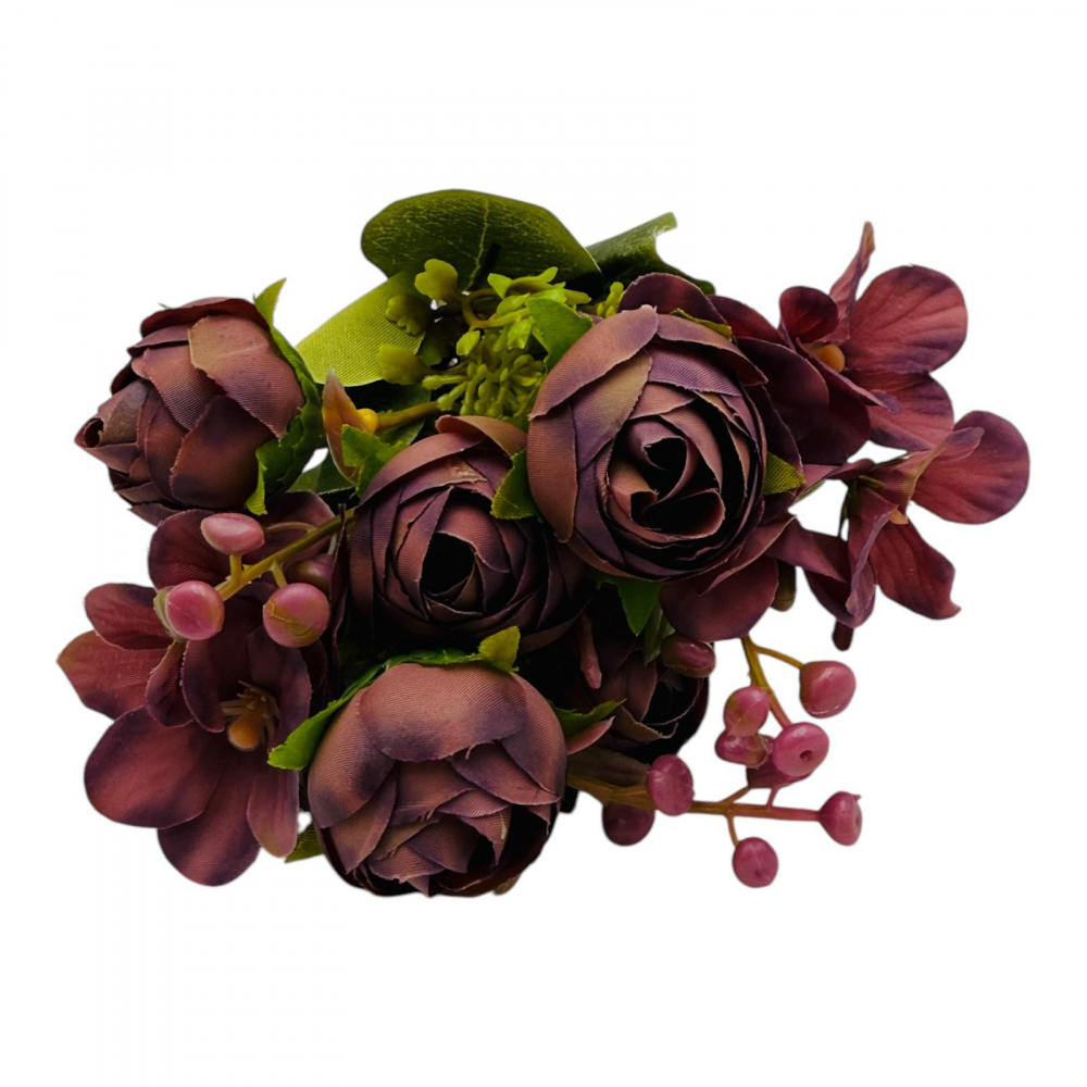 Buchet artificial deosebit cu 6 bujori, 10 flori de camelie si bulbi, un singur fir, 29cm [1]