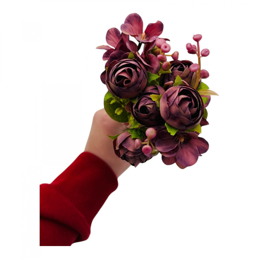 Buchet artificial deosebit cu 6 bujori, 10 flori de camelie si bulbi, un singur fir, 29cm [2]