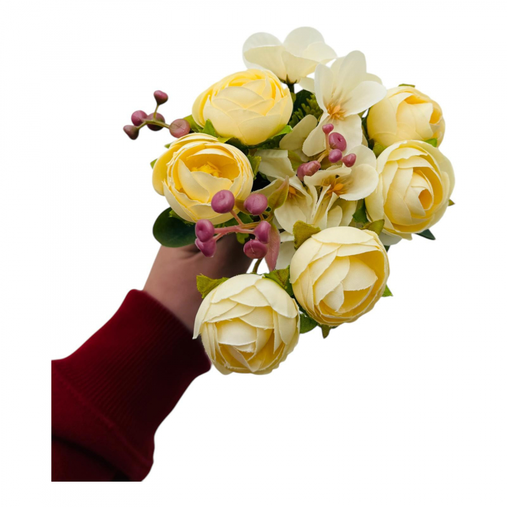 Buchet artificial deosebit cu 6 bujori, 10 flori de camelie si bulbi, un singur fir, 29cm, crem [1]
