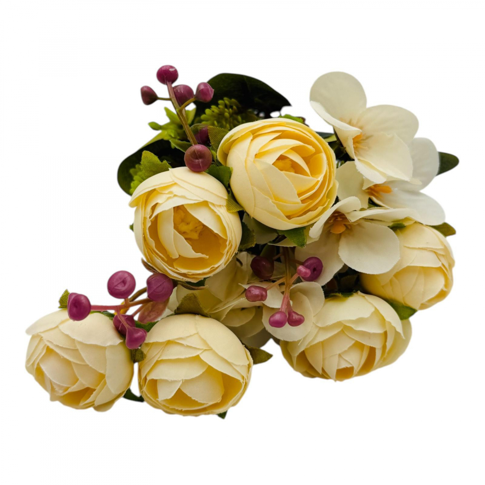 Buchet artificial deosebit cu 6 bujori, 10 flori de camelie si bulbi, un singur fir, 29cm, crem [2]