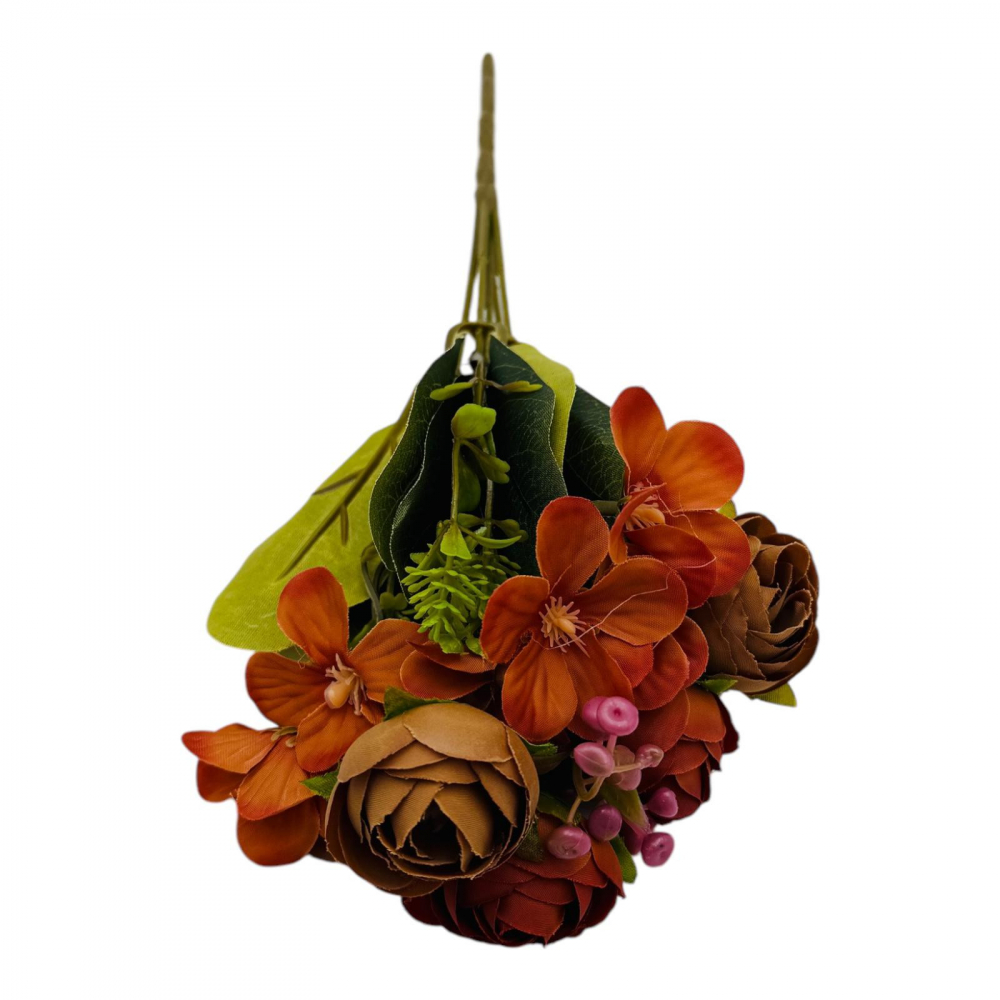 Buchet artificial deosebit cu 6 bujori, 10 flori de camelie si bulbi, un singur fir, 29cm, maro [2]