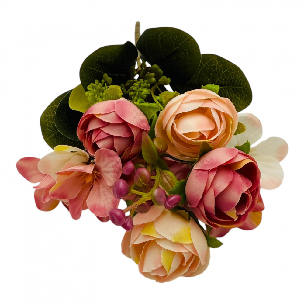 Buchet artificial deosebit cu 6 bujori, 10 flori de camelie si bulbi, un singur fir, 29cm,roz+crem [2]