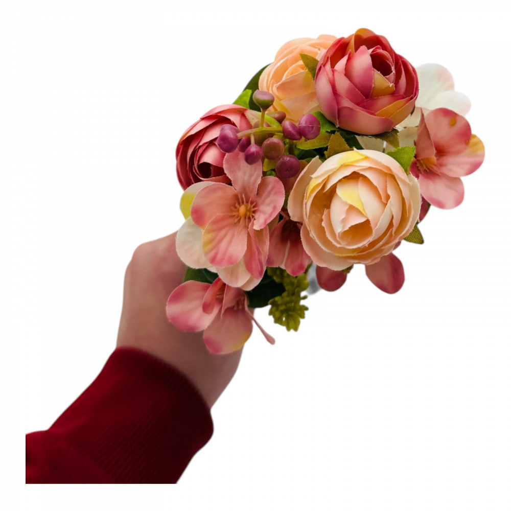 Buchet artificial deosebit cu 6 bujori, 10 flori de camelie si bulbi, un singur fir, 29cm,roz+crem [3]