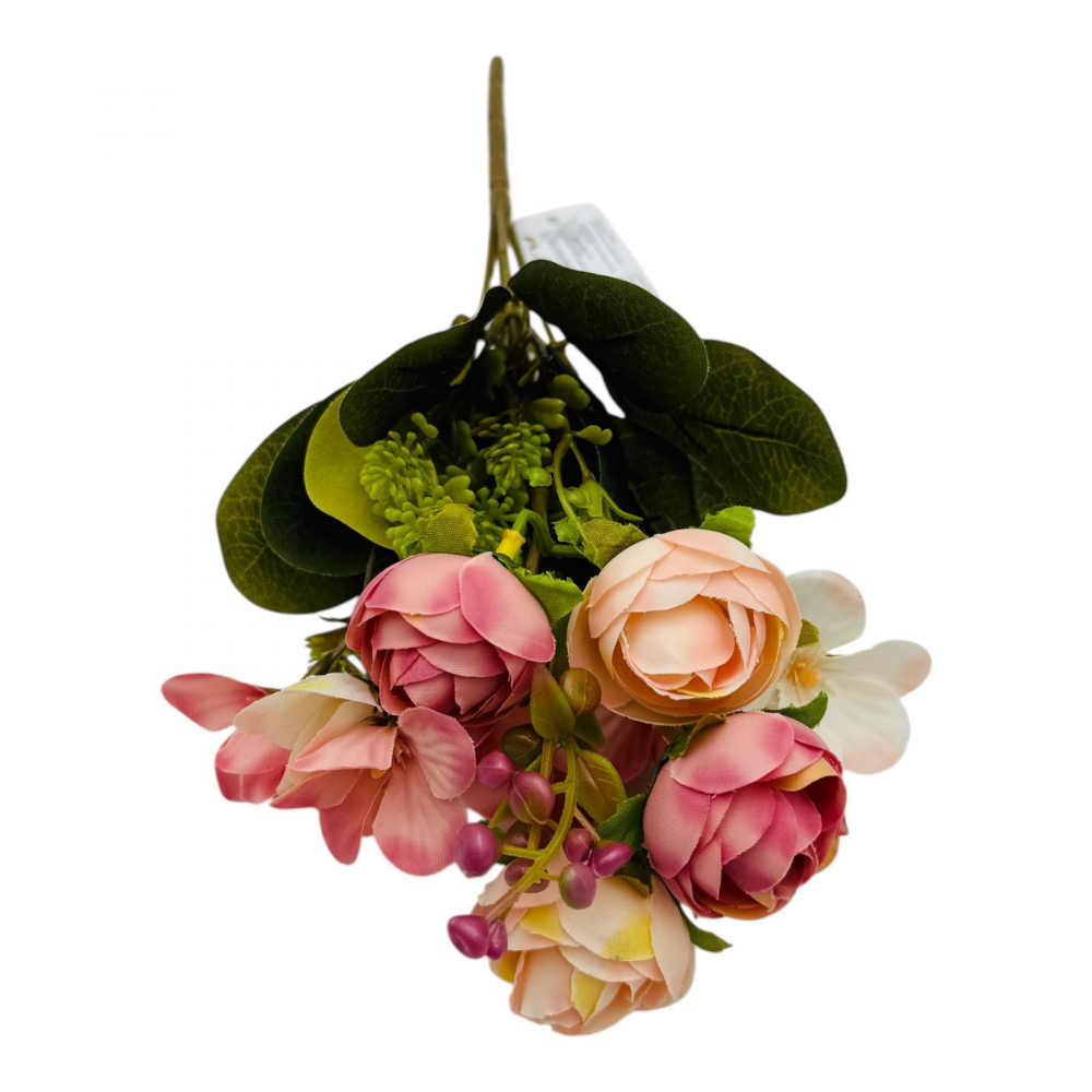 Buchet artificial deosebit cu 6 bujori, 10 flori de camelie si bulbi, un singur fir, 29cm,roz+crem [1]
