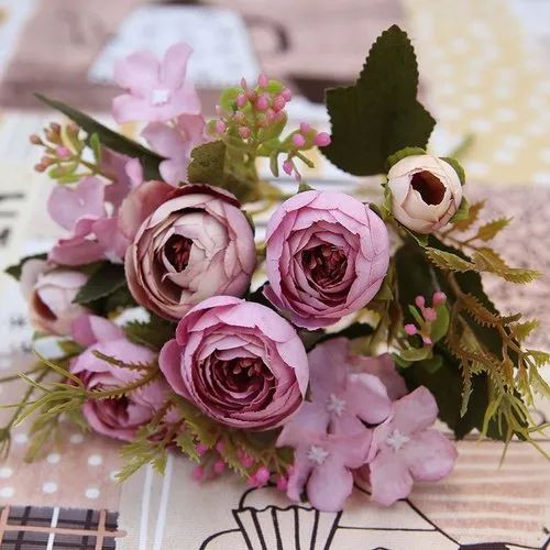 Buchet artificial deosebit cu 6 bujori, 10 flori de camelie si bulbi, un singur fir, 29cm, roz+lila [1]