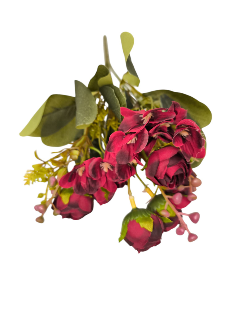 Buchet artificial deosebit cu 6 bujori, 10 flori de camelie si bulbi, un singur fir, 29cm, visiniu [1]