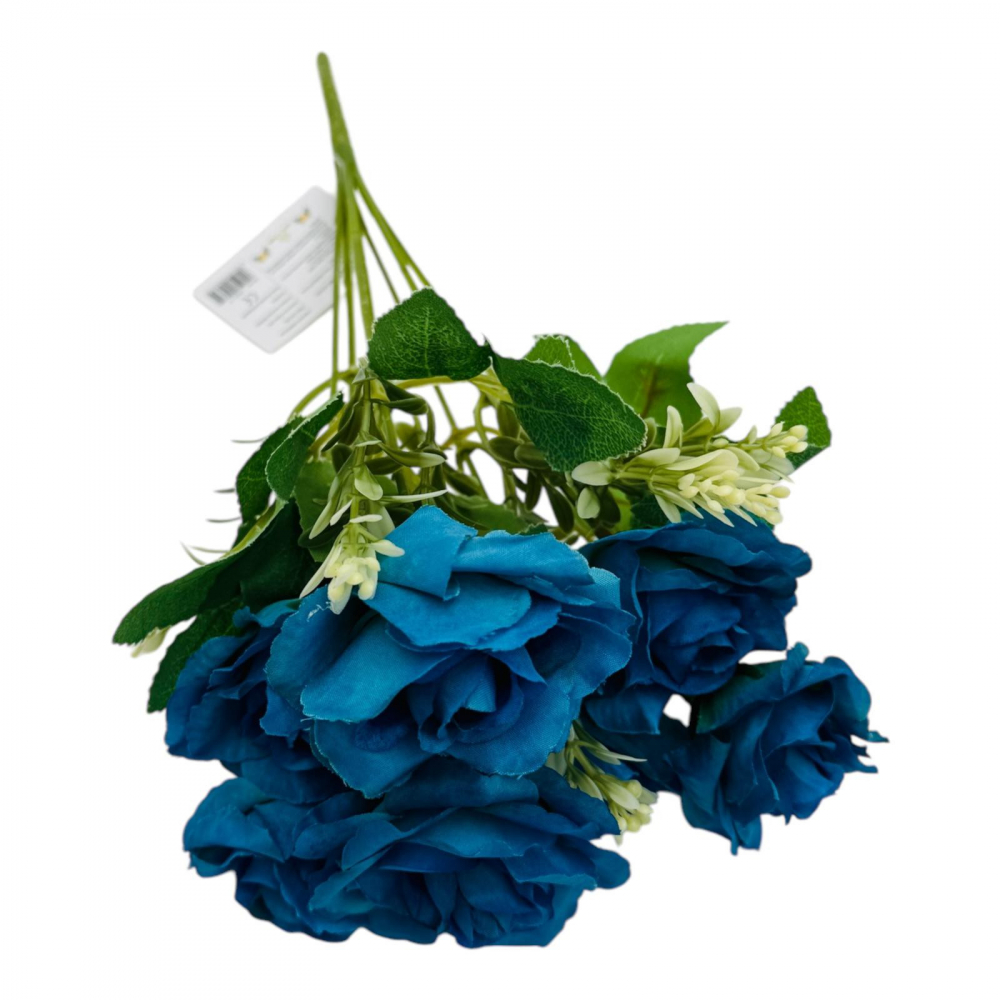 Buchet artificial deosebit cu 7 trandafiri si crengute de eucalipt cu boboci, un singur fir, 30cm, albastru regal [2]