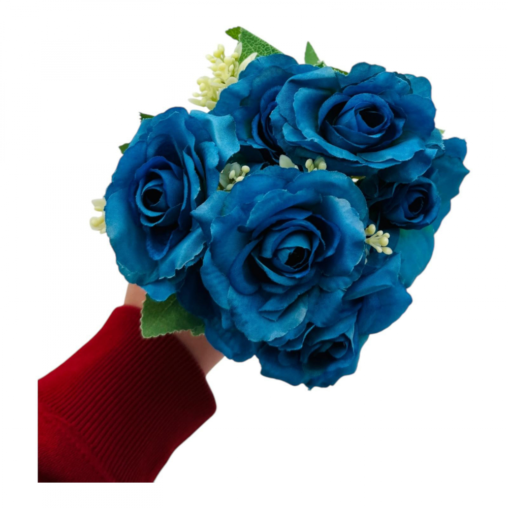 Buchet artificial deosebit cu 7 trandafiri si crengute de eucalipt cu boboci, un singur fir, 30cm, albastru regal [1]