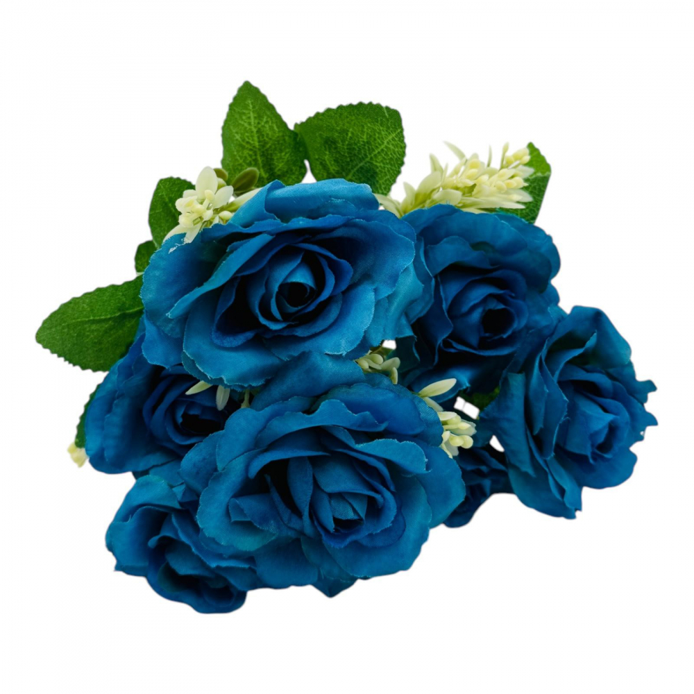 Buchet artificial deosebit cu 7 trandafiri si crengute de eucalipt cu boboci, un singur fir, 30cm, albastru regal [3]