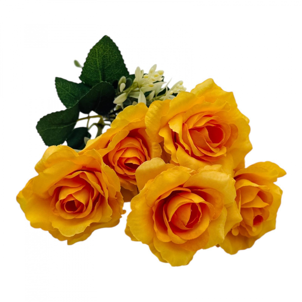 Buchet artificial deosebit cu 7 trandafiri si crengute de eucalipt cu boboci, un singur fir, 30cm, galben [2]