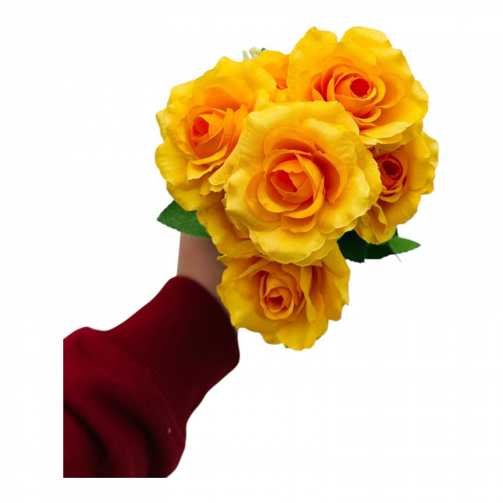Buchet artificial deosebit cu 7 trandafiri si crengute de eucalipt cu boboci, un singur fir, 30cm, galben [1]