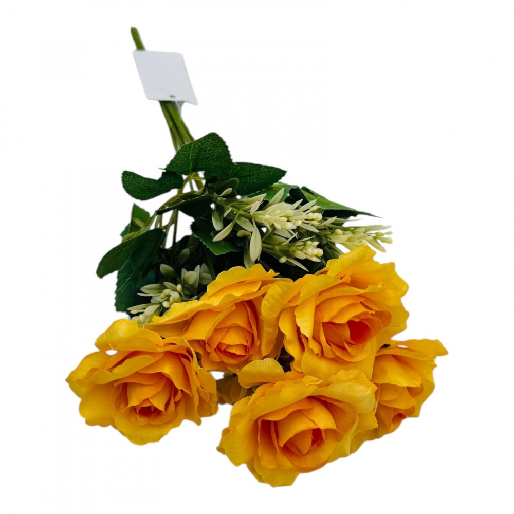 Buchet artificial deosebit cu 7 trandafiri si crengute de eucalipt cu boboci, un singur fir, 30cm, galben [3]