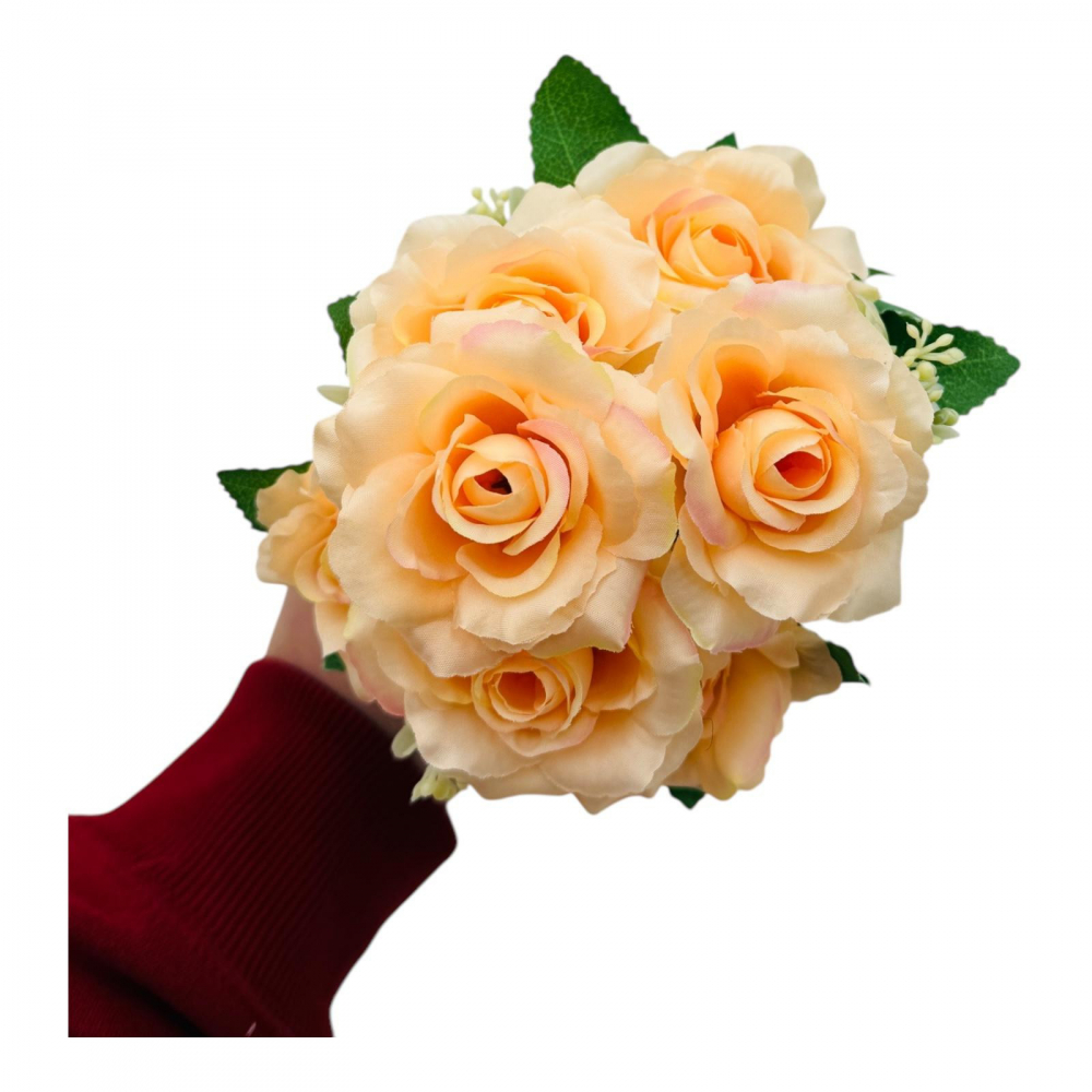 Buchet artificial deosebit cu 7 trandafiri si crengute de eucalipt cu boboci, un singur fir, 30cm, portocaliu [1]
